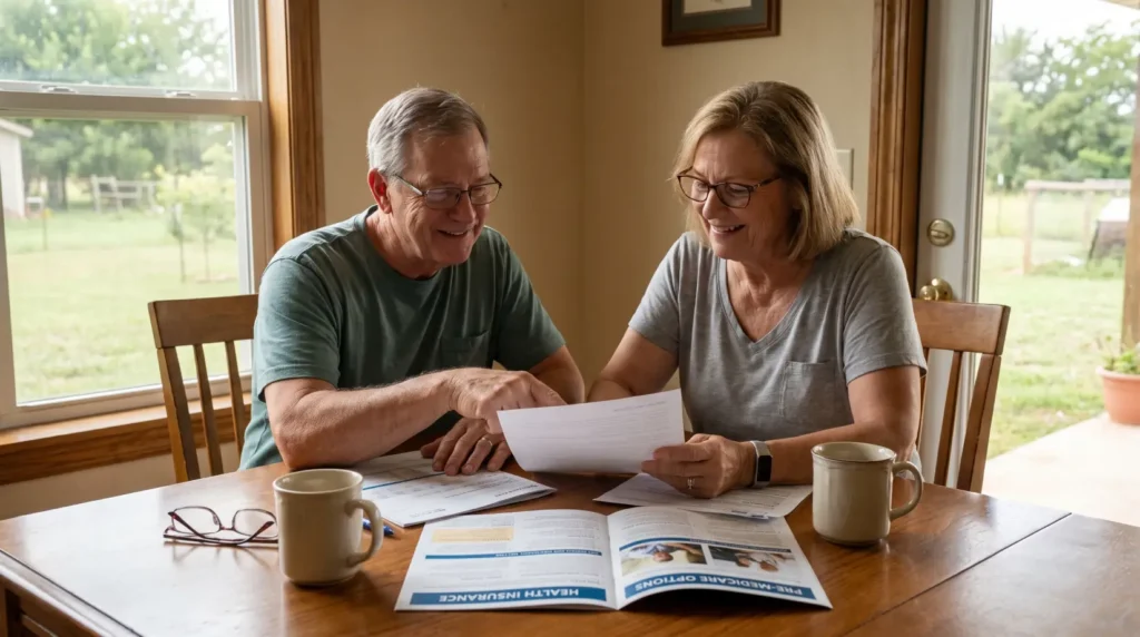 Early retiree couple in Oklahoma reviewing pre-Medicare health insurance choices at home.