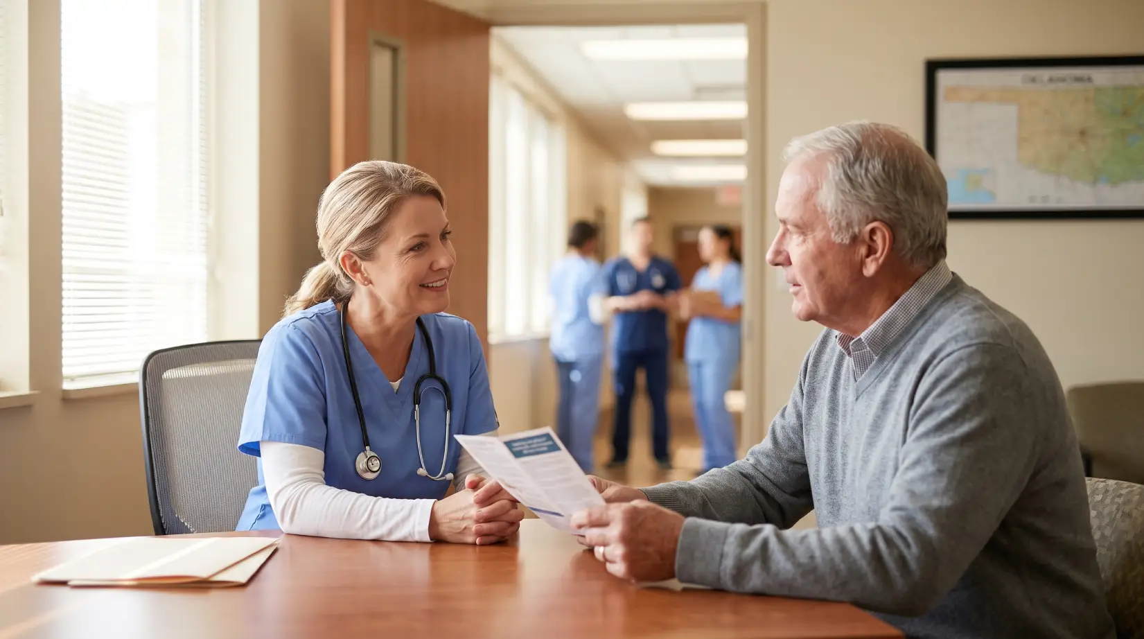 Registered Nurse discussing local Oklahoma hospital and physician network access with a patient.